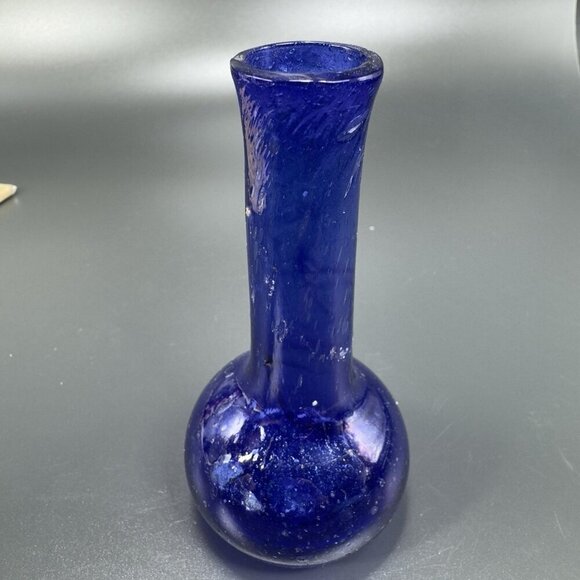 Vintage Egyptian Glass Cobalt Blue Mini Bud Vase Hand Blown With Air Bubbles VTG - Picture 11 of 11